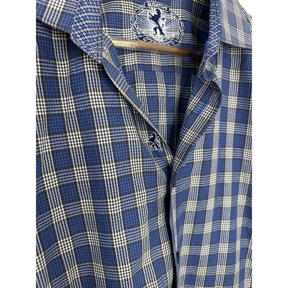 Bugatchi Shaped Fit Plaid Button Down Shirt Blue White Men's Size Large Cotton - Picture 5 of 10